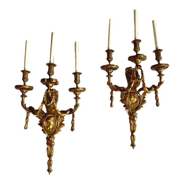 Large Scale Pair of Louis XVI Gilt Bronze Sconces For Sale