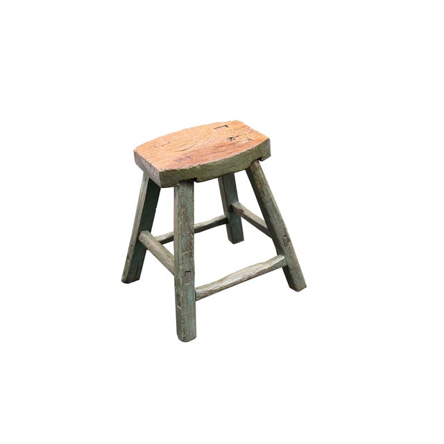 Rustic Bold Distressed Light Sage Green 4 Legs Wood Stool Side Table Stand For Sale - Image 4 of 15