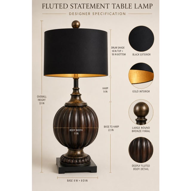 Hollywood Regency Large Vintage Fluted Melon-Form Table Lamp With Black & Gold Drum Shade – 33″ For Sale - Image 3 of 4