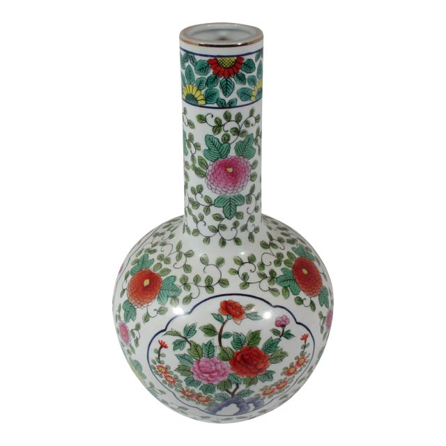 Large Asian Hand Painted Bulbus Long Neck Vase For Sale