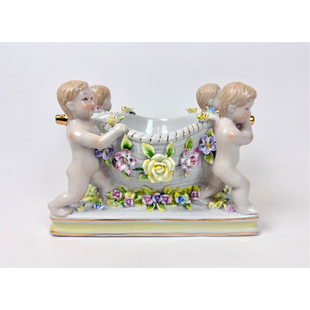 Antique 19th Century German Figural Porcelain Putti Basket or Jardiniere with Hand-Applied Flowers from Greiner & Sohne...