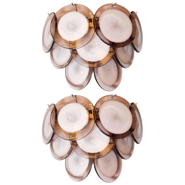 Modernist 9-Disc Hand Blown Murano Amethyst & Translucent Glass Sconces - a Pair For Sale