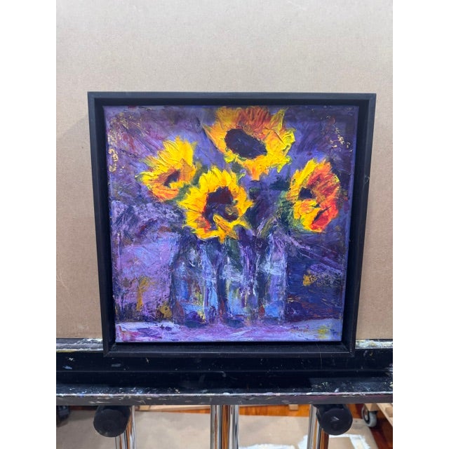 Contemporary Sunflowers in Blue Bottles by Kathleen Varadi, Contemporary Floral Still Life Painting For Sale - Image 3 of 9