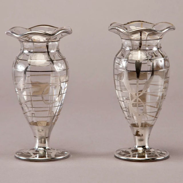 1940s Silver Overlay Glass Vases - a Pair For Sale - Image 4 of 10