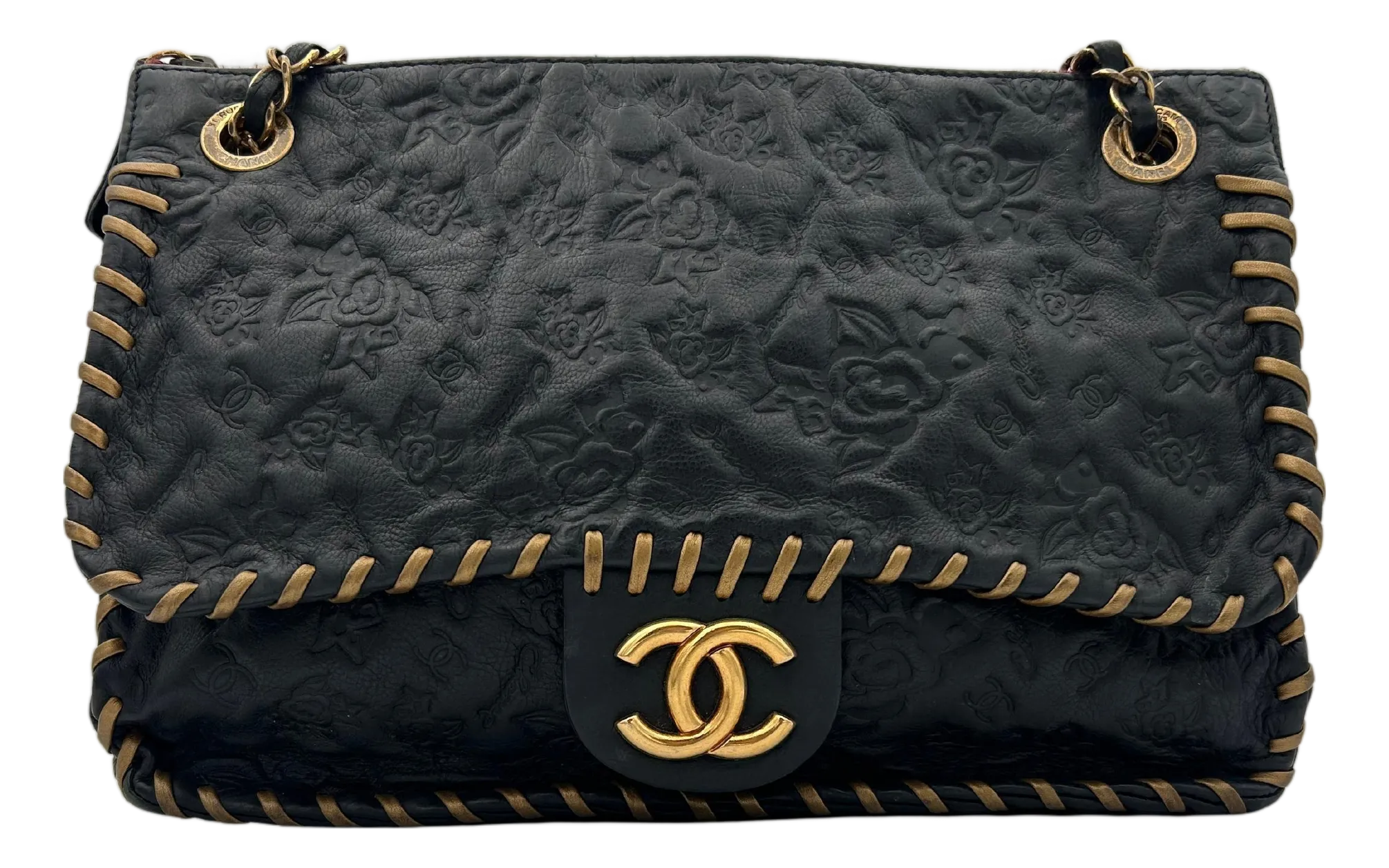 Chanel Black Classic Bag Camellia Blizzard 2010-2011 | Chairish