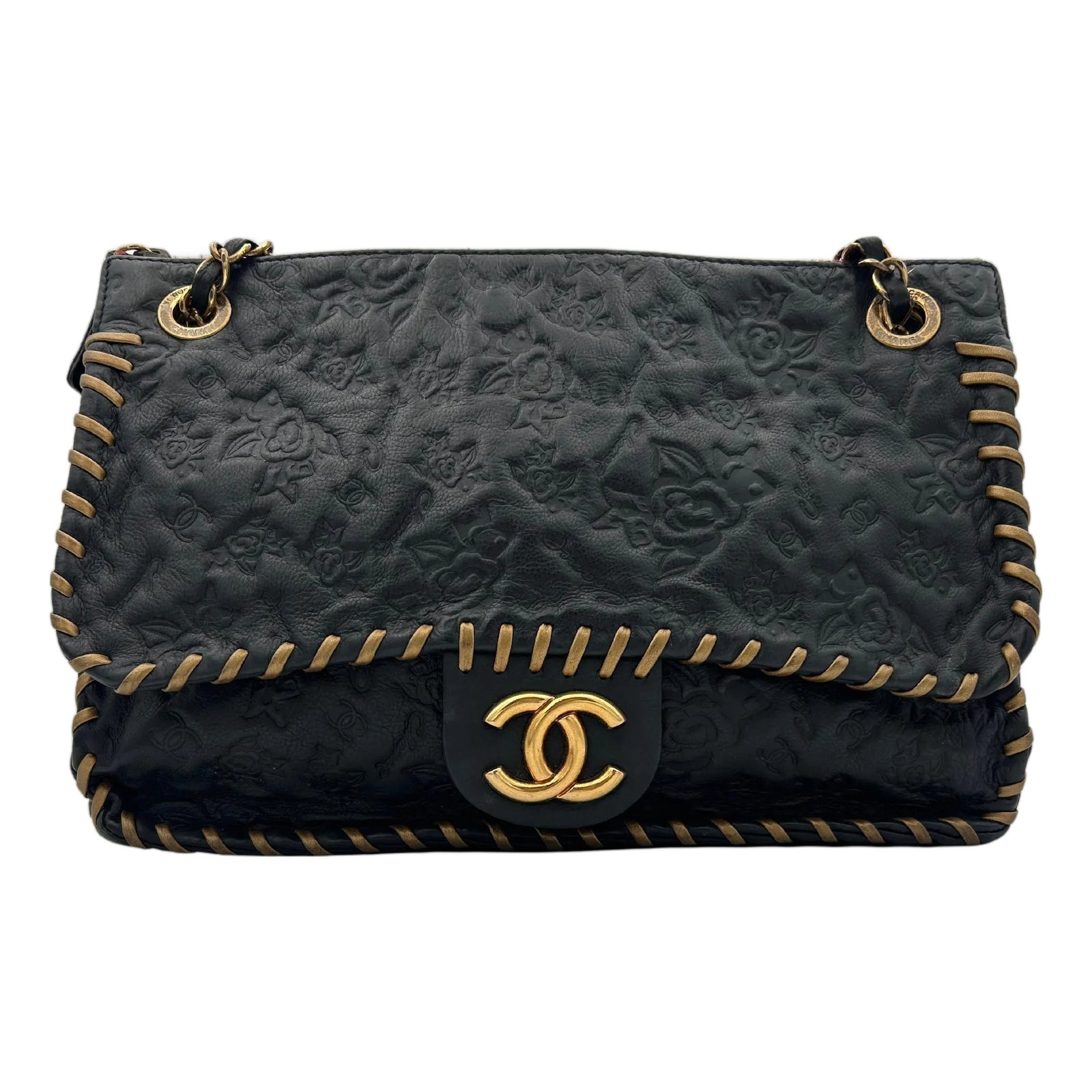 Chanel Black Classic Bag Camellia Blizzard 2010-2011 | Chairish