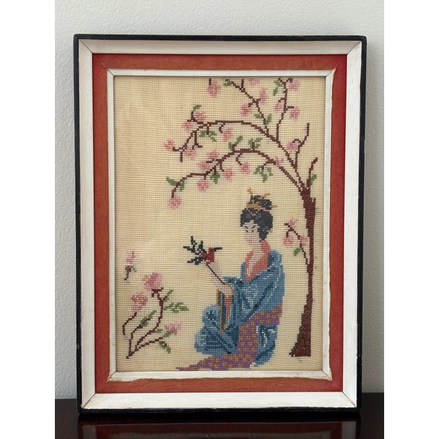 Circa 1950s Japanese-Inspired Cross-Stitch Textile Artwork — Framed For Sale - Image 14 of 18