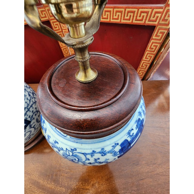 Vintage Chinoiserie Blue & White Double Happiness Ginger Jar Table Lamps - Almost a Pair For Sale - Image 9 of 9