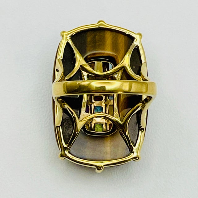 Brown Massive Tiger's Eye & Multi-Gemstone Rainbow Cocktail Ring Sterling Silver Gold Vermeil - Size 9 For Sale - Image 8 of 11