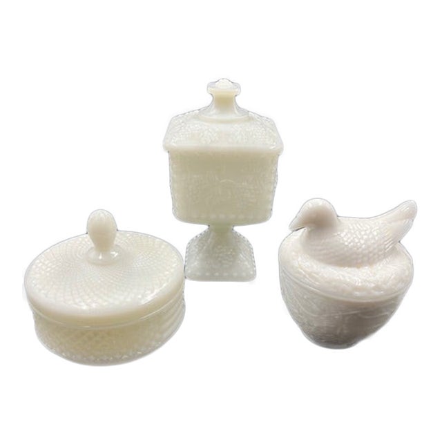 Mid 20th Century Collection of 3 Milk Glass Lidded Dishes For Sale