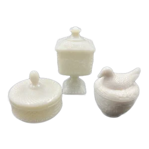 Mid 20th Century Collection of 3 Milk Glass Lidded Dishes