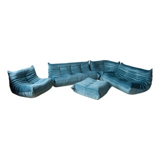Togo Living Room Set in Blue Velvet by Michel Ducaroy for Ligne Roset, Set of 5 For Sale
