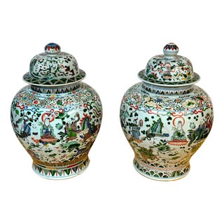 Pair Monumental Chinese Famille Verte Buddhist Ginger Jars, Late Qing Dynasty For Sale