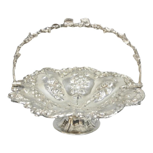 20th Century Victorian Silver Plated Grapevine Repousse Dessert Basket Fruit Bowl For Sale