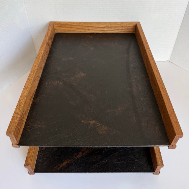 1960s Mid-Century Modern Oak & Black Leatherette Two-Tier Desk Organizer / Letter Tray For Sale - Image 4 of 12