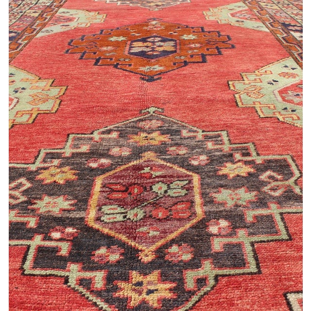 Red Field Vintage Turkish Oushak Rug With Vertical Geometric Medallions For Sale - Image 4 of 8
