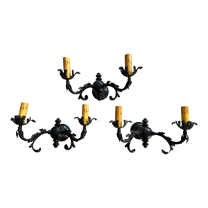 Set of Three Double Large Iron Sconces With Leaf Pattern Circa 1920