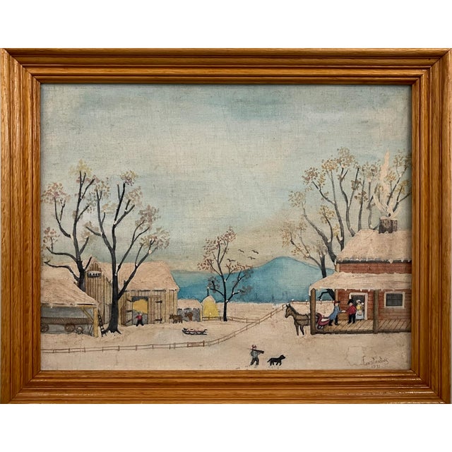 Folk Art Winter Farm Scene by Constantine, 1971 – Snowy Americana Landscape For Sale