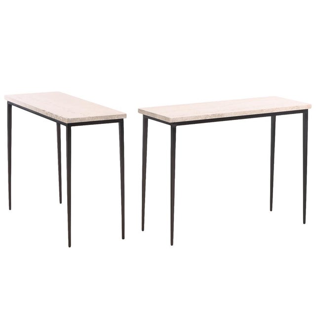 Contemporary Pair of Iron and Italian Botticino Marble Console Tables For Sale - Image 3 of 4