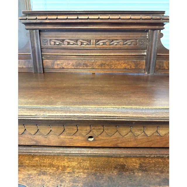 Brown Antique Walnut Roll Top Desk, Many Drawers & Cubby Holes, Leather Mat For Sale - Image 8 of 12
