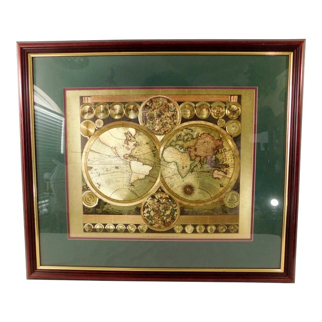 Large Vintage Ornate Gold World Map Framed & Matted Mahogany Wood Wall Picture For Sale