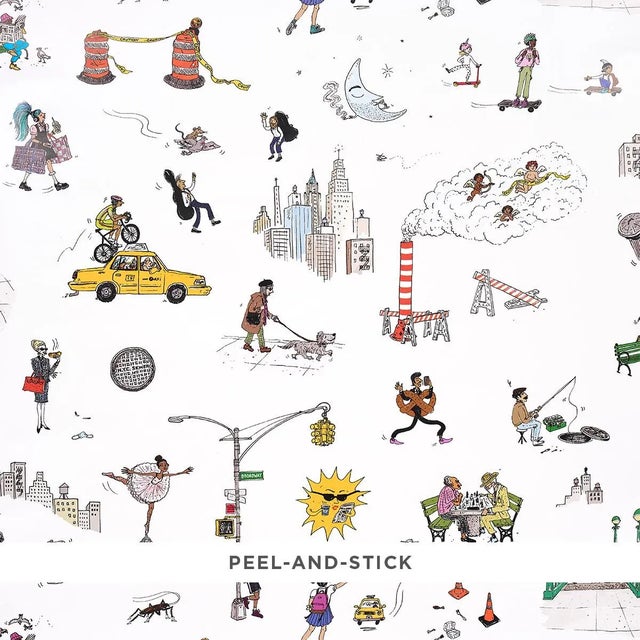 Schumacher x The New Yorker Joana Avillez's Street Scenes Wallpaper In Multicolor On White For Sale