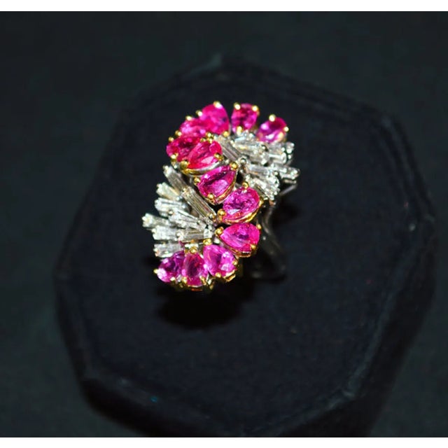 Certified natural 8.76CTS diamond and ruby 18K solid gold ring. This ring features multiple large pear shape faceted...