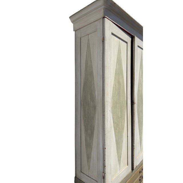 Antique Gustavian Style Painted Armoire With Painted Diamond Panels & Coral Interior For Sale - Image 4 of 14