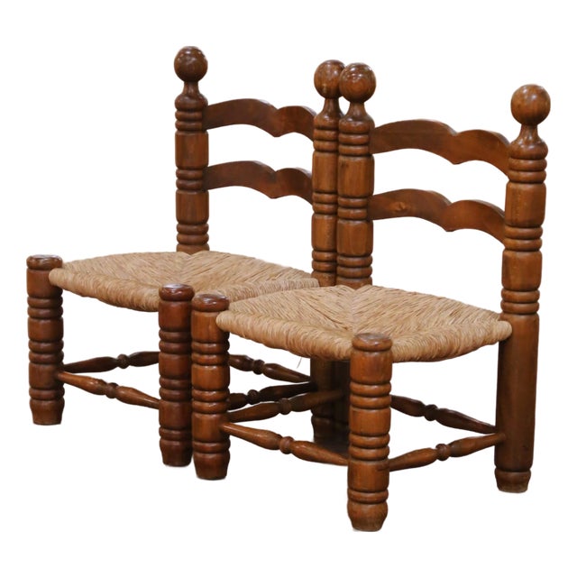 Pair of Early 20th Century French Provincial Low Oak Chairs With Rush Seats For Sale
