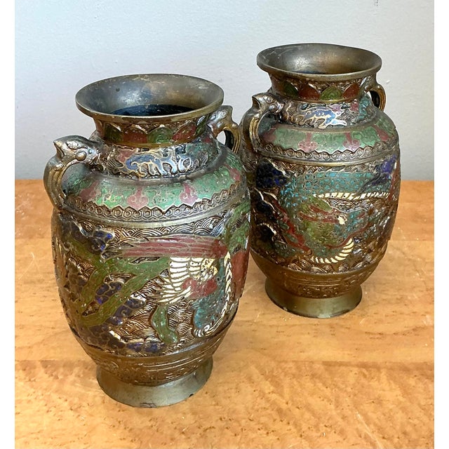 Brown Vintage Asian Cloisonné Urns - A Pair For Sale - Image 8 of 12