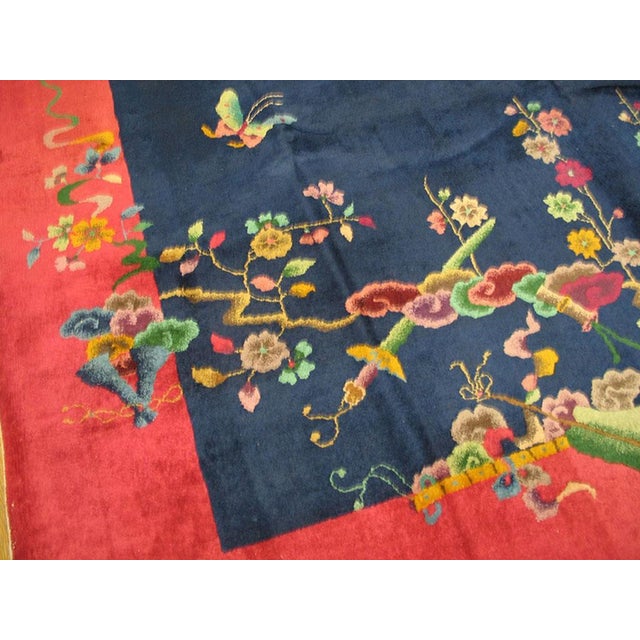 Early 20th Century 1920s Blue Navy Floral Modern Antique Chinese Art Deco Rug 9' 3"x11' 8" Hand Knotted Pile Wool Carpet For Sale - Image 5 of 6