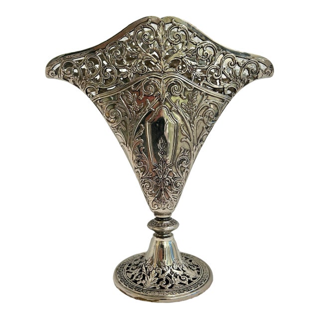 1991 Godinger Silver Plate Victorian Style Filigree Fan Vase For Sale
