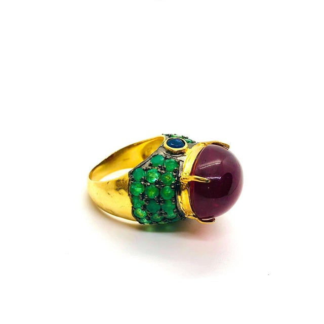 Bochic “Orient” Vintage Blue Sapphire, Ruby & Emerald Ring 18K Gold & Silver For Sale - Image 11 of 12