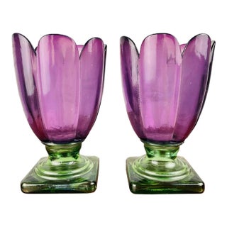 Vintage Pair of Amethyst Glass Tulip Vases For Sale