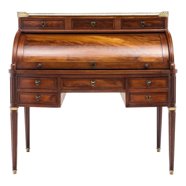 Louis XVI Style Cylinder Desk, Cuban Flamed Mahogany, 1890s For Sale