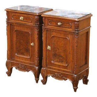 Pair of 19th Century French Louis XV Marble Top Carved Walnut Nightstands For Sale