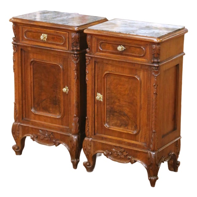 Pair of 19th Century French Louis XV Marble Top Carved Walnut Nightstands For Sale