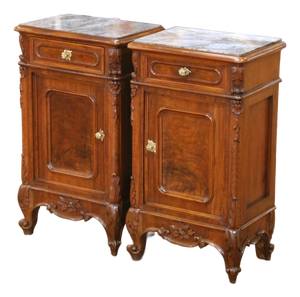 Pair of 19th Century French Louis XV Marble Top Carved Walnut Nightstands