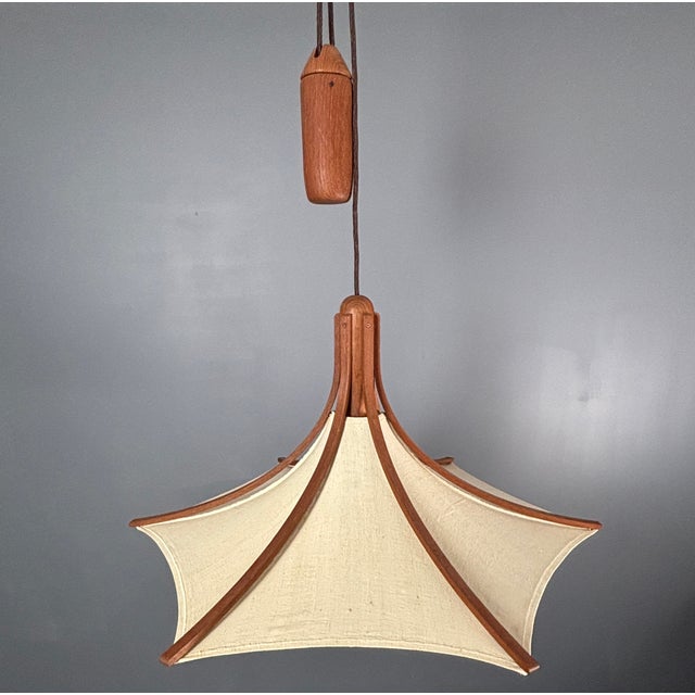 Teak and Linen Umbrella Pendant Lamp attributed to Domus, 1970s For Sale - Image 15 of 15
