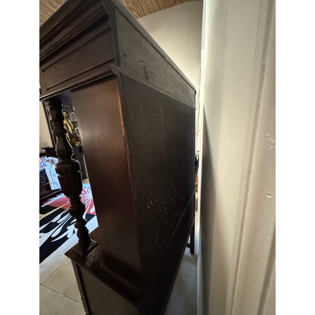 Antique Jacobean Style Carved Oak Cabinet Hutch With Pietra Dura Inlay, Carved Details and Black Marble Top For Sale - Image 12 of 12