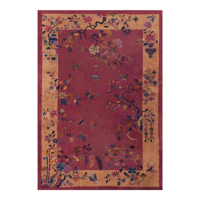 1920s Dark Pink Floral Antique Chinese Art Deco Rug 6' X 8'8" Handknotted Wool Carpet For Sale