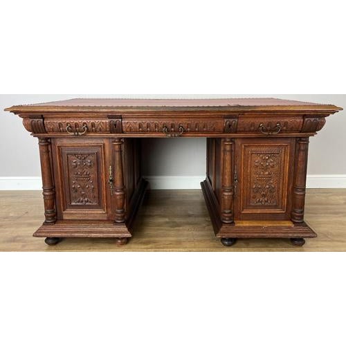 Antique French Style Oak Double Sided Carved Pedestal Desk For Sale - Image 3 of 18