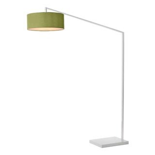 Stretch 87"h 1-Light Arc Lamp, Avocado Linen Shade, White Body, Dimmable, for Living Room or Bedroom For Sale