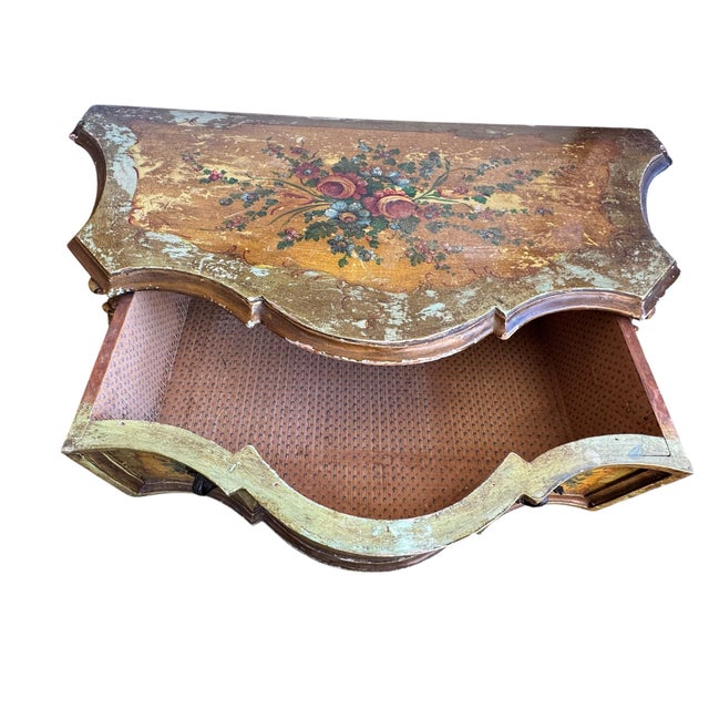 Saffron Rare Pair 18th C. Italian Venetian Rococo Hand-Painted Polychrome Bombe Commodes For Sale - Image 8 of 12