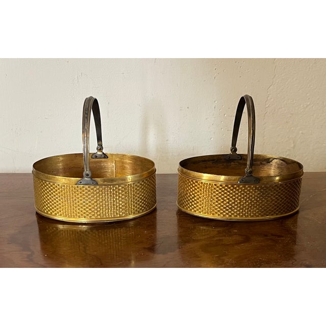 Metal Small Antique 19th Century French Charles X Palais Royale Ormolu Oval Baskets With Swing Handles and Carved Mother of Pearl Sea Shell Bases - A Pair For Sale - Image 7 of 12