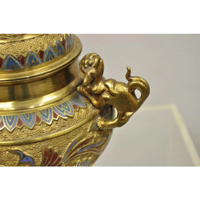 Mid 20th Century Vintage Japanese Cloisonne Enamel Champleve Bronze Foo Dog Incense Burner For Sale - Image 5 of 12