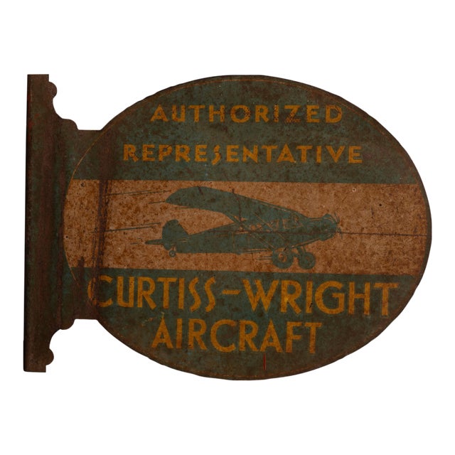 1930s Original Curtiss-Wright Aircraft Flanged Metal Sign For Sale