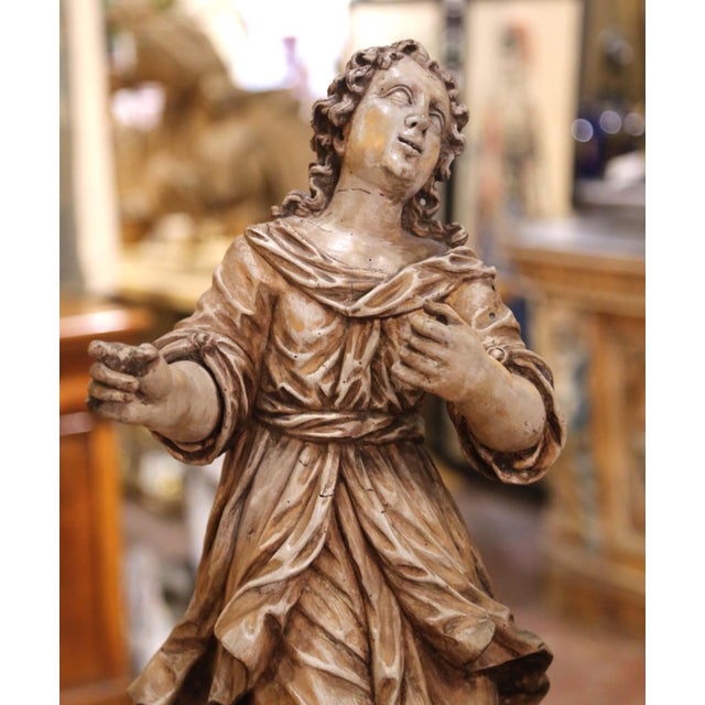 Mid 18th Century Pair 18th Century Italian Baroque Carved Painted Wood Adoring Angel Sculptures For Sale - Image 5 of 16