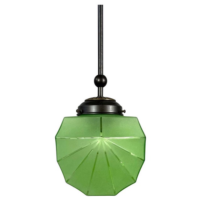 Swedish Green Uranium Glass and Burnished Brass Pendant from Böhlmarks, 1930s For Sale - Image 18 of 18