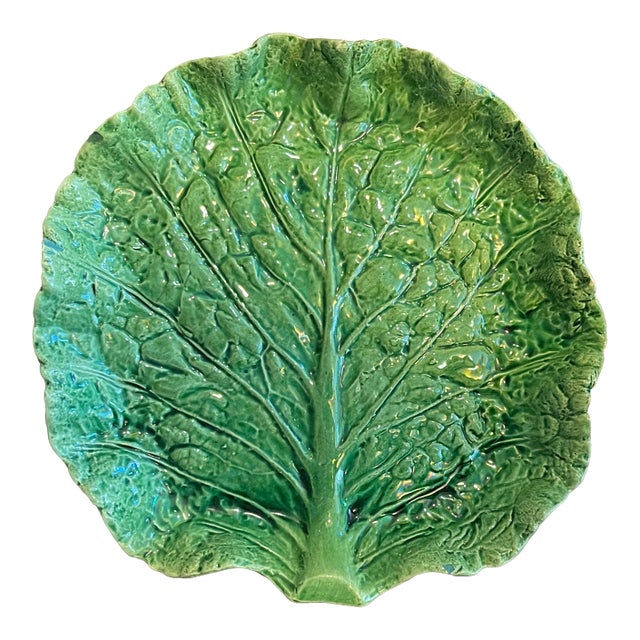 Antique Portuguese Majolica Pottery Green Cabbage or Lettuce Leaf Serving Dish For Sale